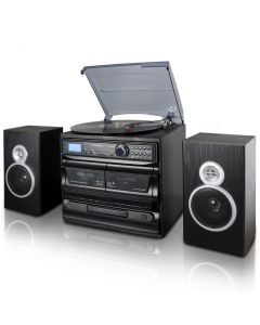 Trexonic 3-Speed Turntable With CD Player, Dual Cassette Player, BT, FM Radio & USB/SD Recording and Wired Shelf Speakers